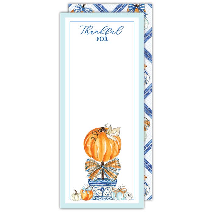 Handpainted Thankful Card featuring an orange pumpkin in a blue and white pot with a plaid bow.