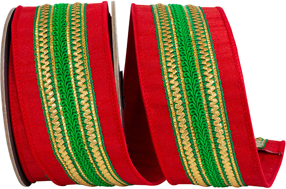 Spool of green Dupioni ribbon with red stripes and wired edges