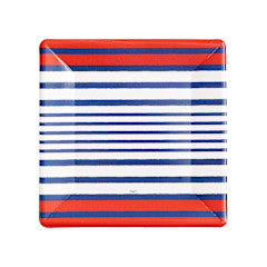 Square paper salad and dessert plate with red, white, and blue horizontal stripes.