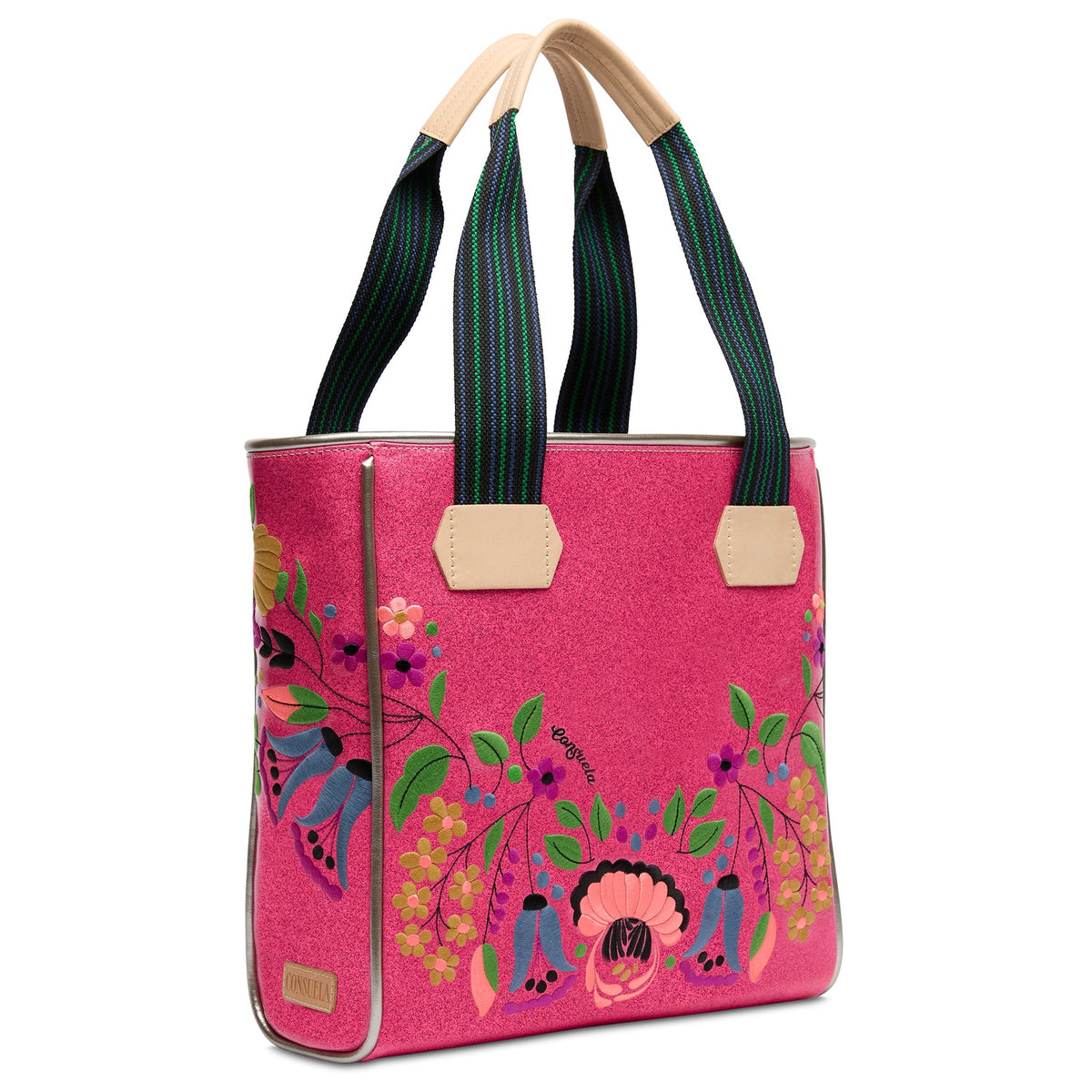 Ivy Classic Tote in hot pink glitter with floral embroidery, natural leather trim, and woven straps.
