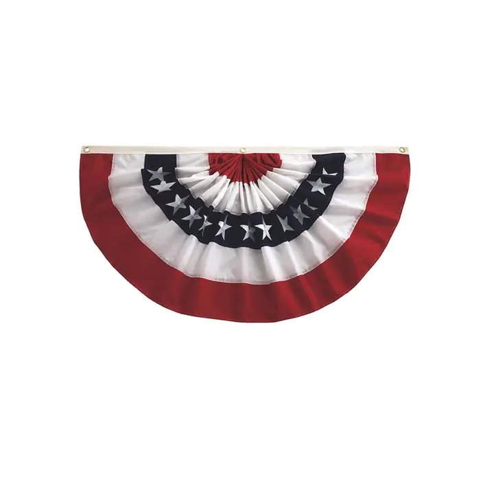Patriotic bunting banner with pleated half-circle flags featuring embroidered stars on weather-resistant polyester fabric.