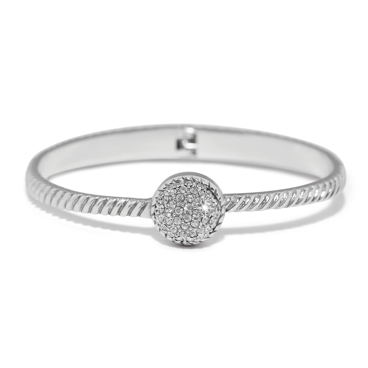 Silver plated Illumina Celeste hinged bangle with a roped band and a crystal pavé dome centerpiece.