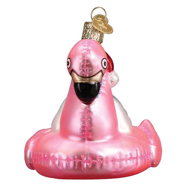 Glass pink flamingo pool float ornament with a snowman wearing a Santa hat inside.