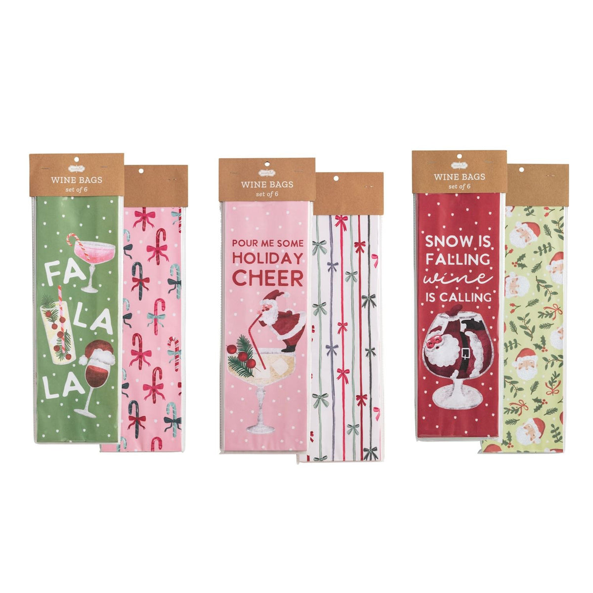 Three sets of six Christmas paper wine bags with festive holiday designs and phrases.
