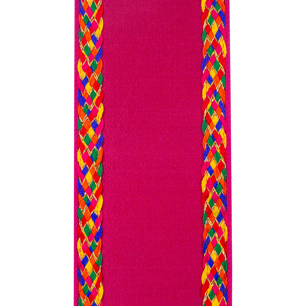 4 inch fuchsia wired edge ribbon with multi-color braided trim on both sides.