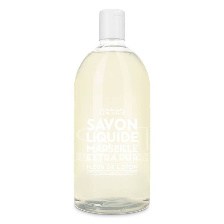 Refill Liquid Marseille Soap Cotton Flower 33.8 Fl oz in a clear plastic bottle with white text.