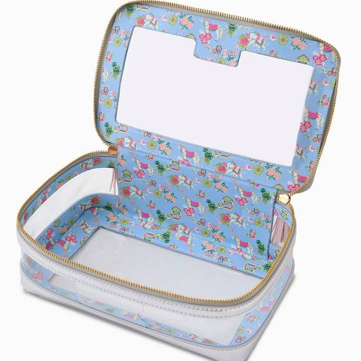 Open silver mahjong tile storage bag with a blue floral horse pattern and clear window.