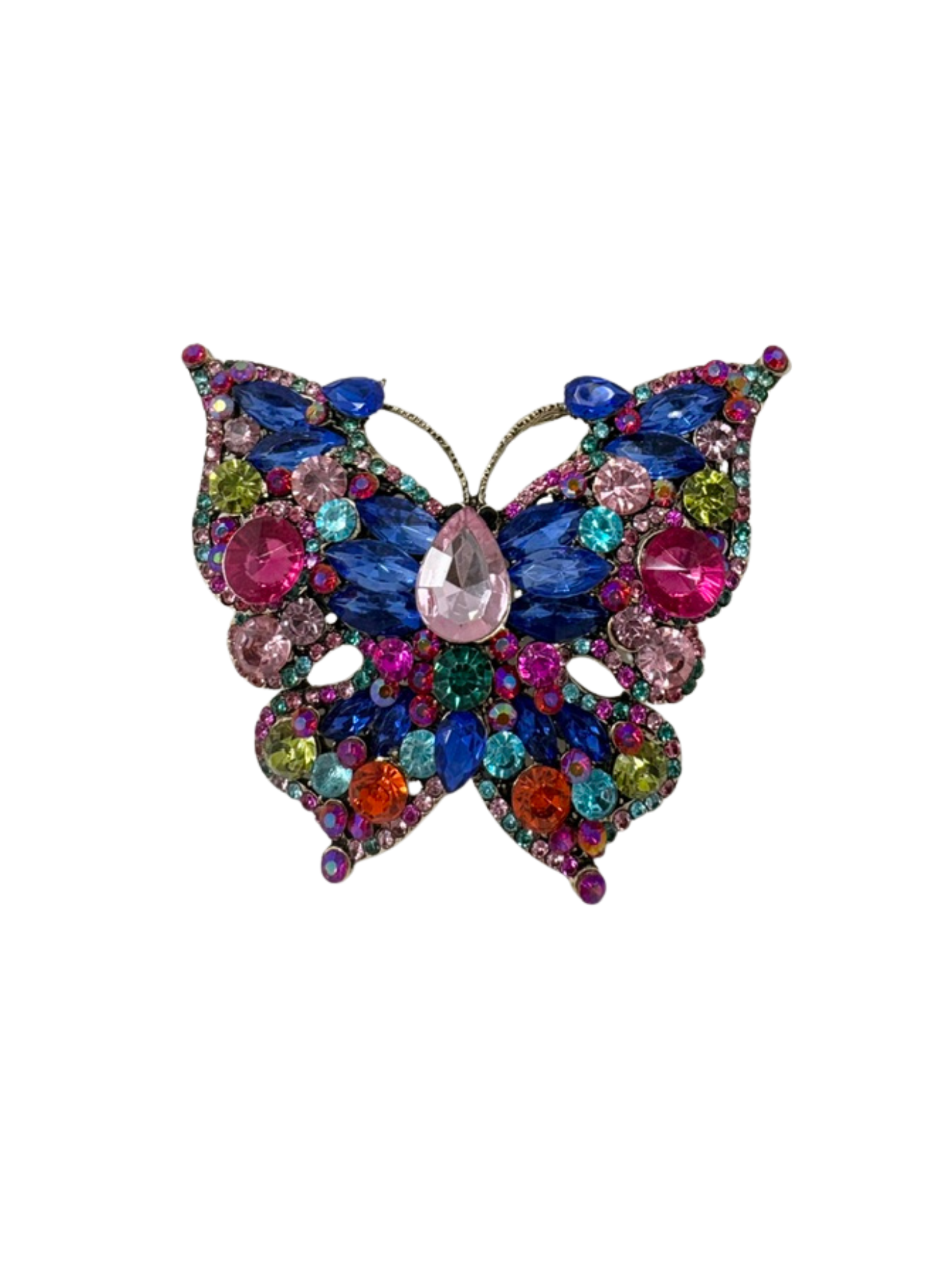 Intricate butterfly brooch adorned with vibrant blue, pink, green, and orange crystals.