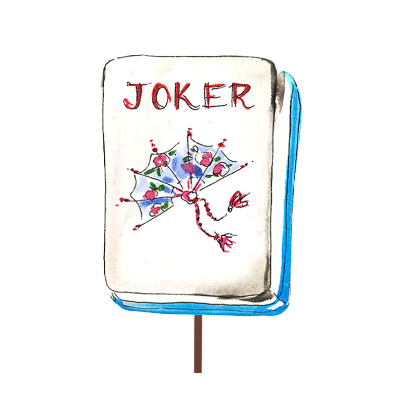 Hand-painted Mahjong Joker tile stake featuring a decorative floral fan design.
