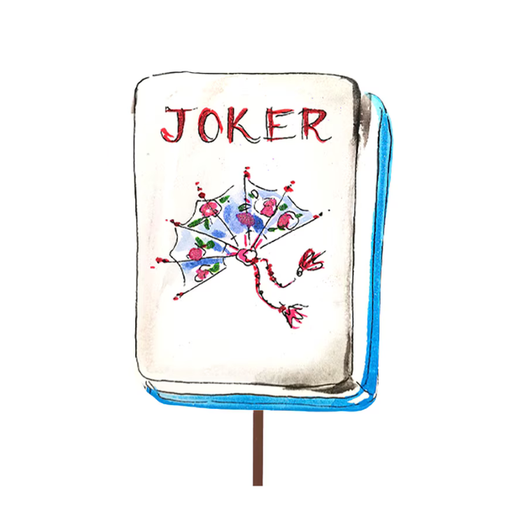 Hand-painted Mahjong Joker tile stake featuring a decorative floral fan design.