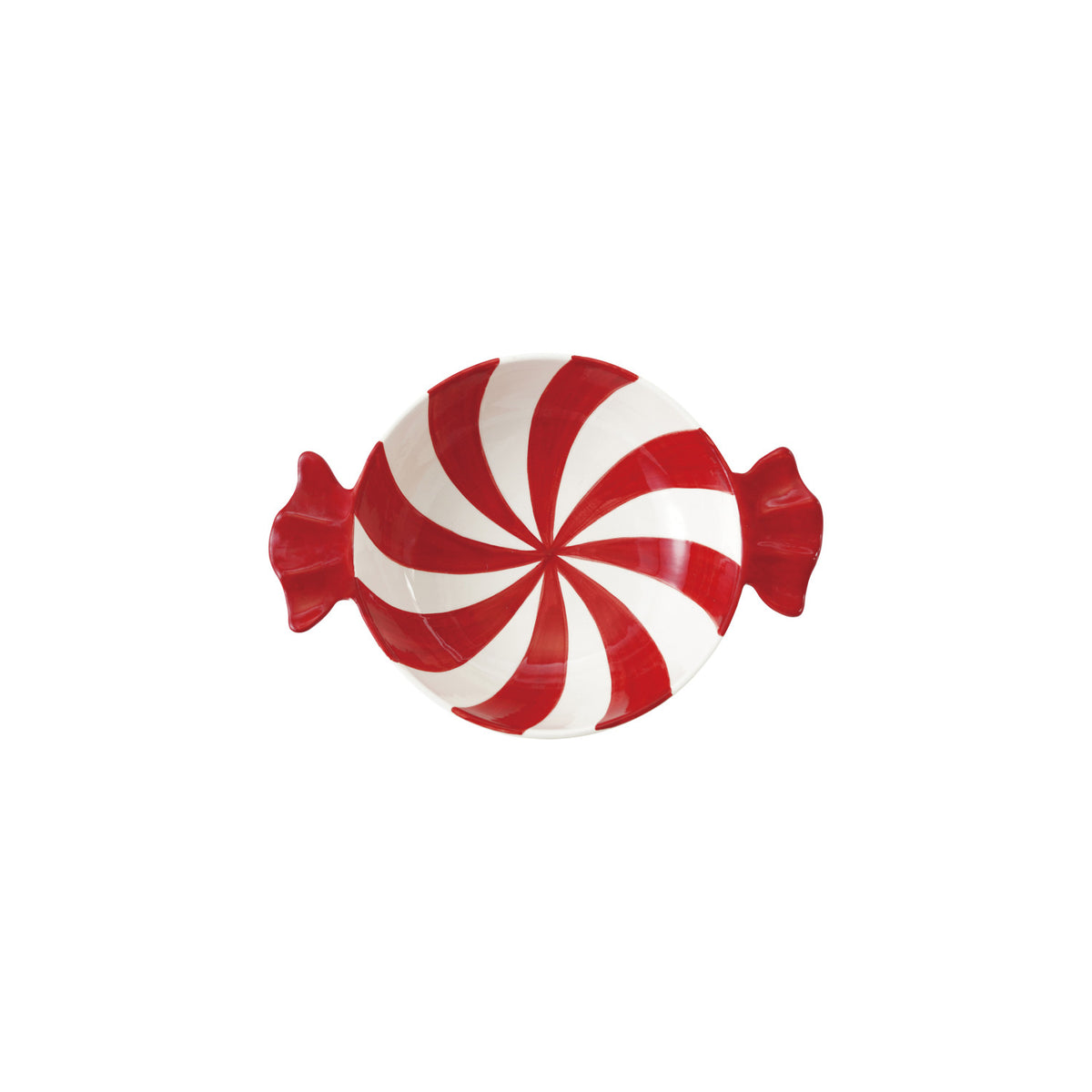 Hand-painted ceramic candy-shaped bowl with a red and white peppermint swirl design.