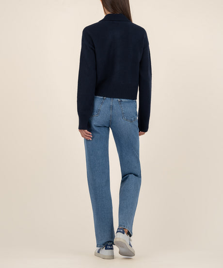Soft knit Lilia button-front long sleeve sweater in neutral tone with ribbed cuffs and hem.