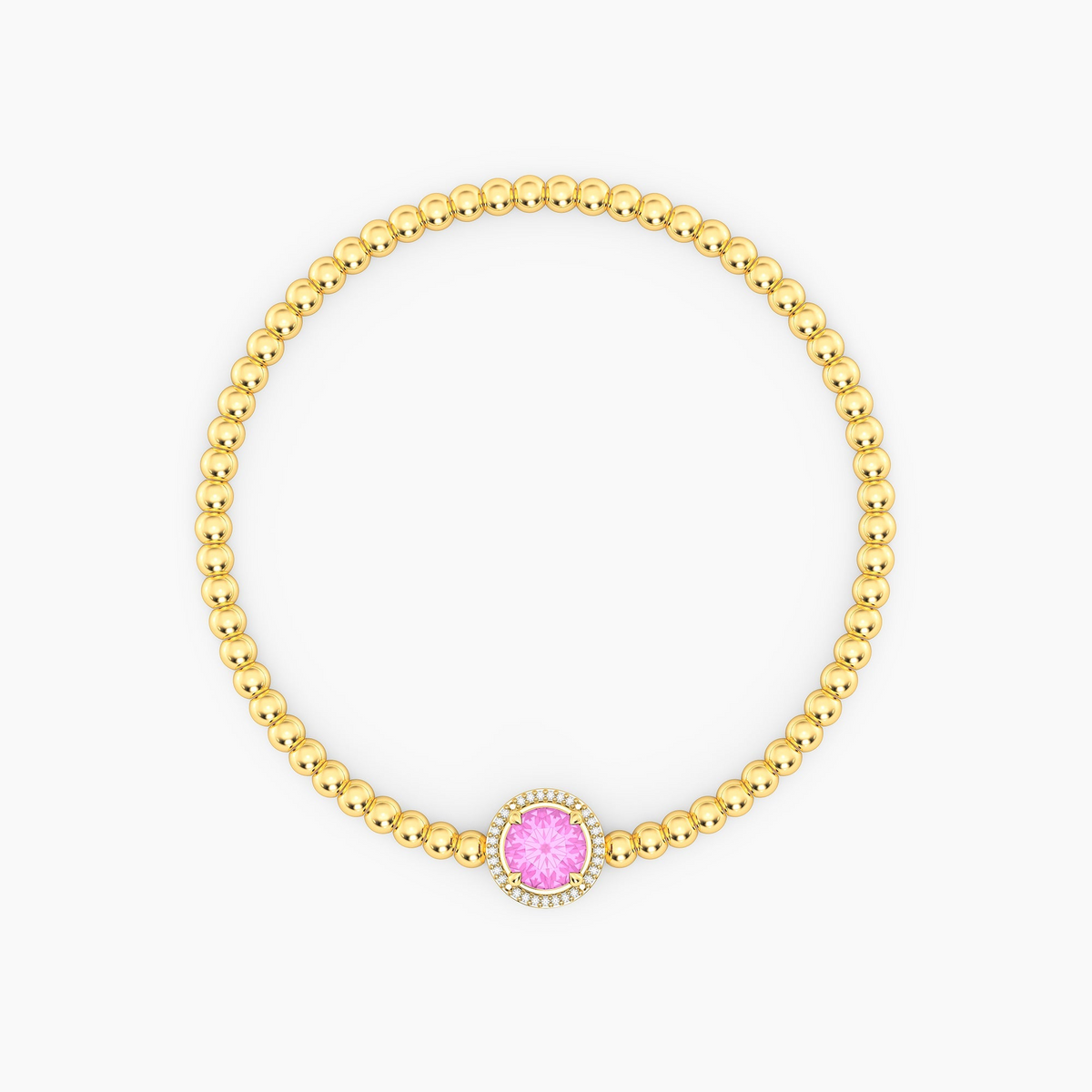 Gold plated beaded bracelet with a round pink center stone and diamond halo.