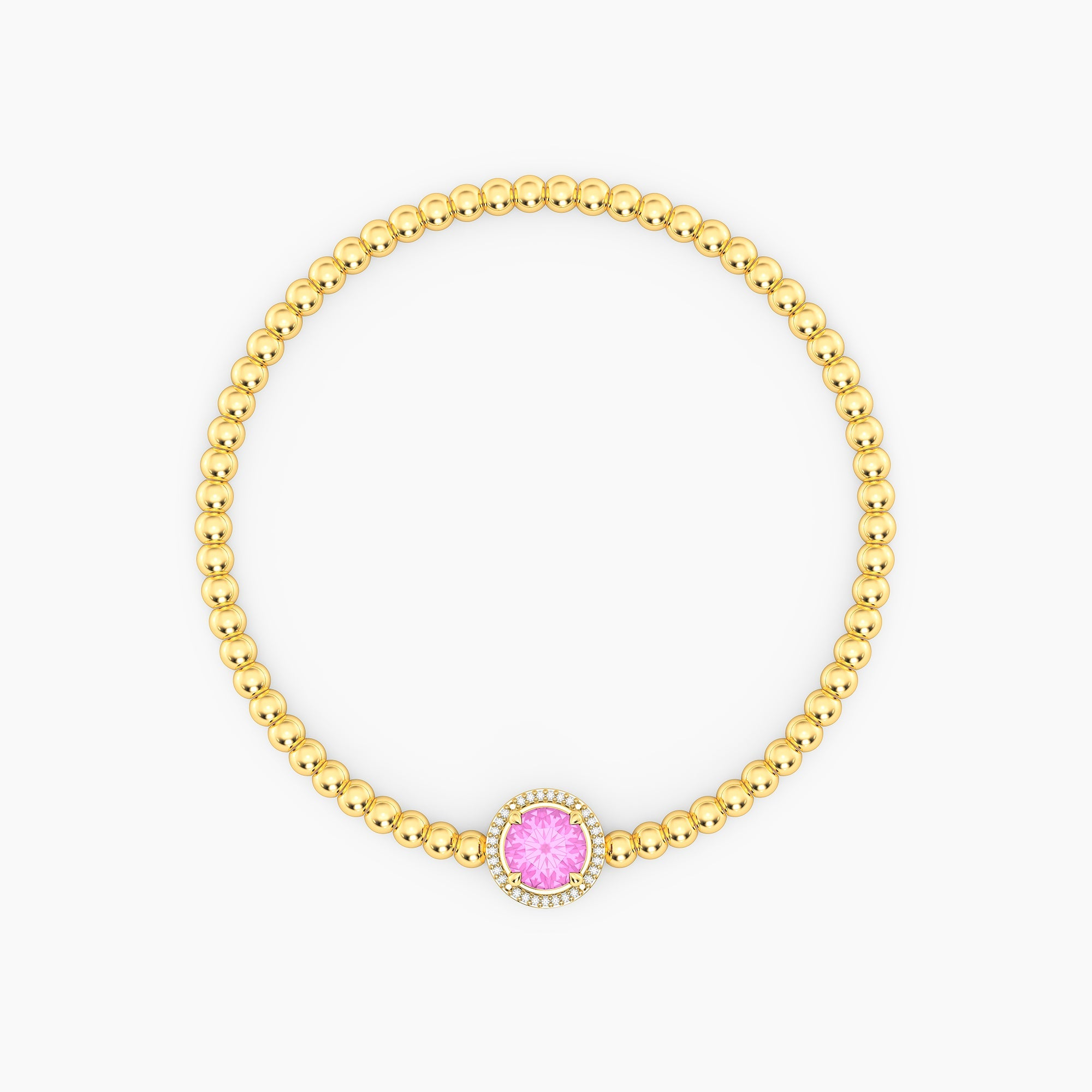 Gold plated beaded bracelet with a round pink center stone and diamond halo.