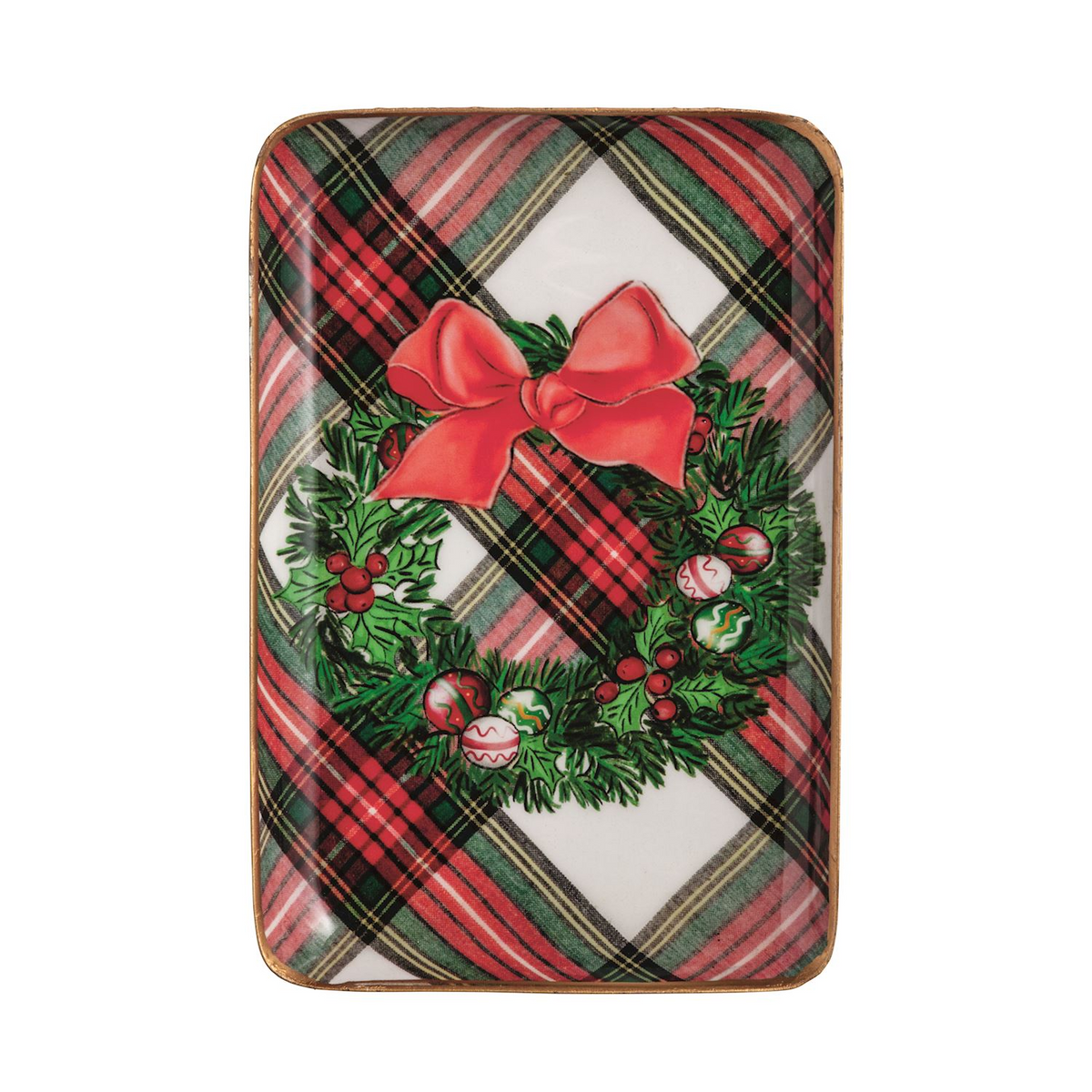 Rectangular tartan plaid tidbit tray with a Christmas wreath and red bow design and gold rim.