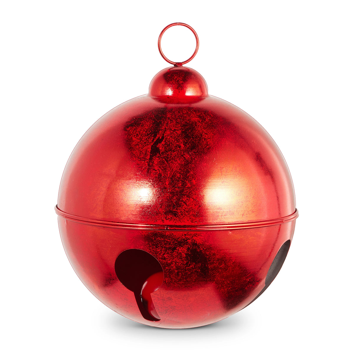Red metal bell with a classic circular shape designed for indoor or outdoor use.