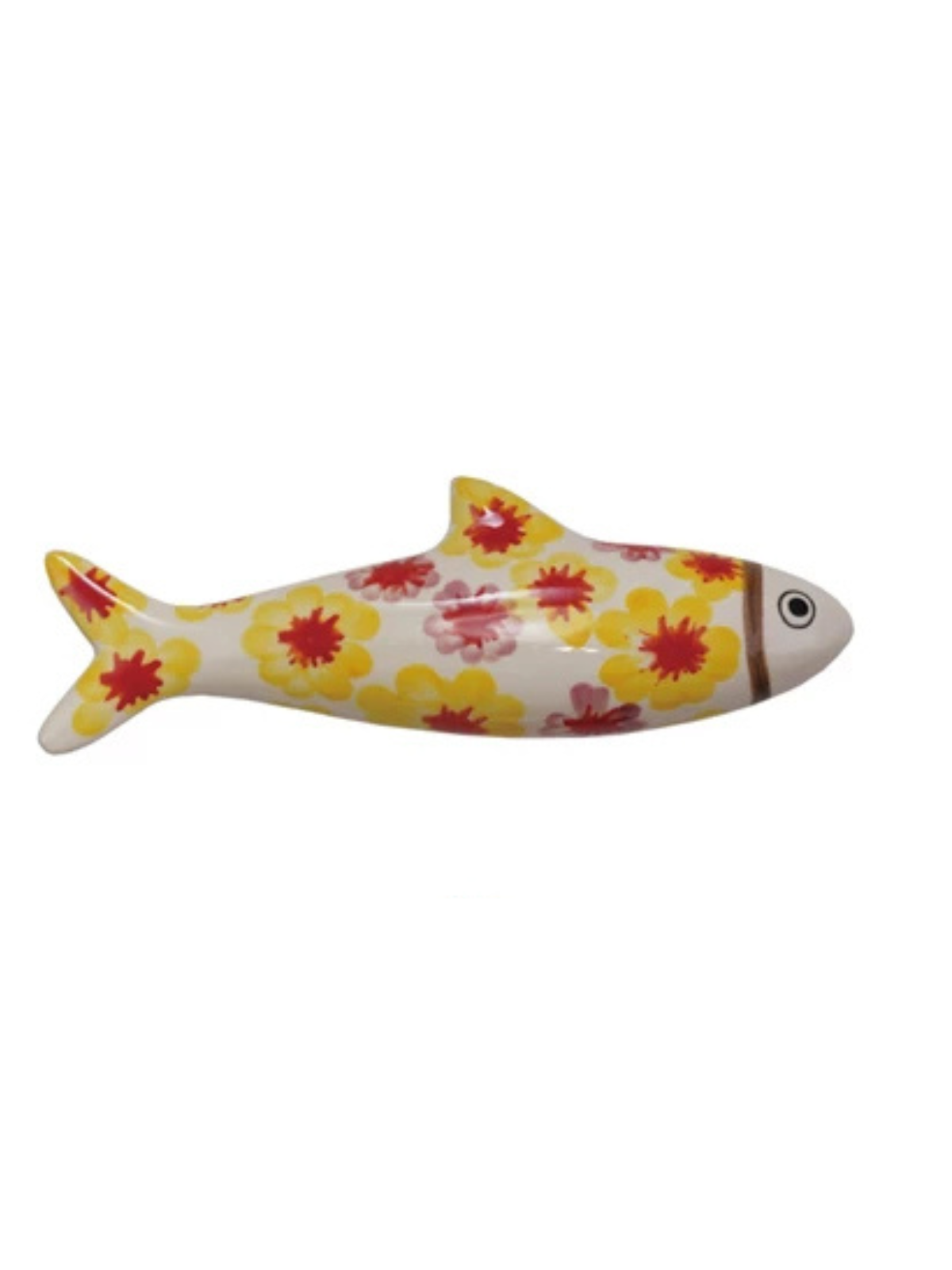 Hand-painted stoneware fish wall décor in natural ceramic with a painted blue and white pattern.