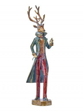 23-inch resin figurine of a deer dressed as a gentleman in a blue coat and red trousers.