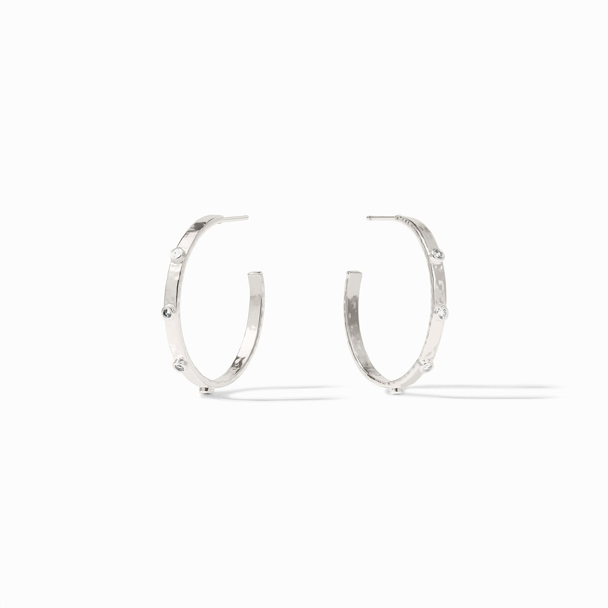 Medium silver hoop earring with hammered texture and reconstituted gemstone accents.