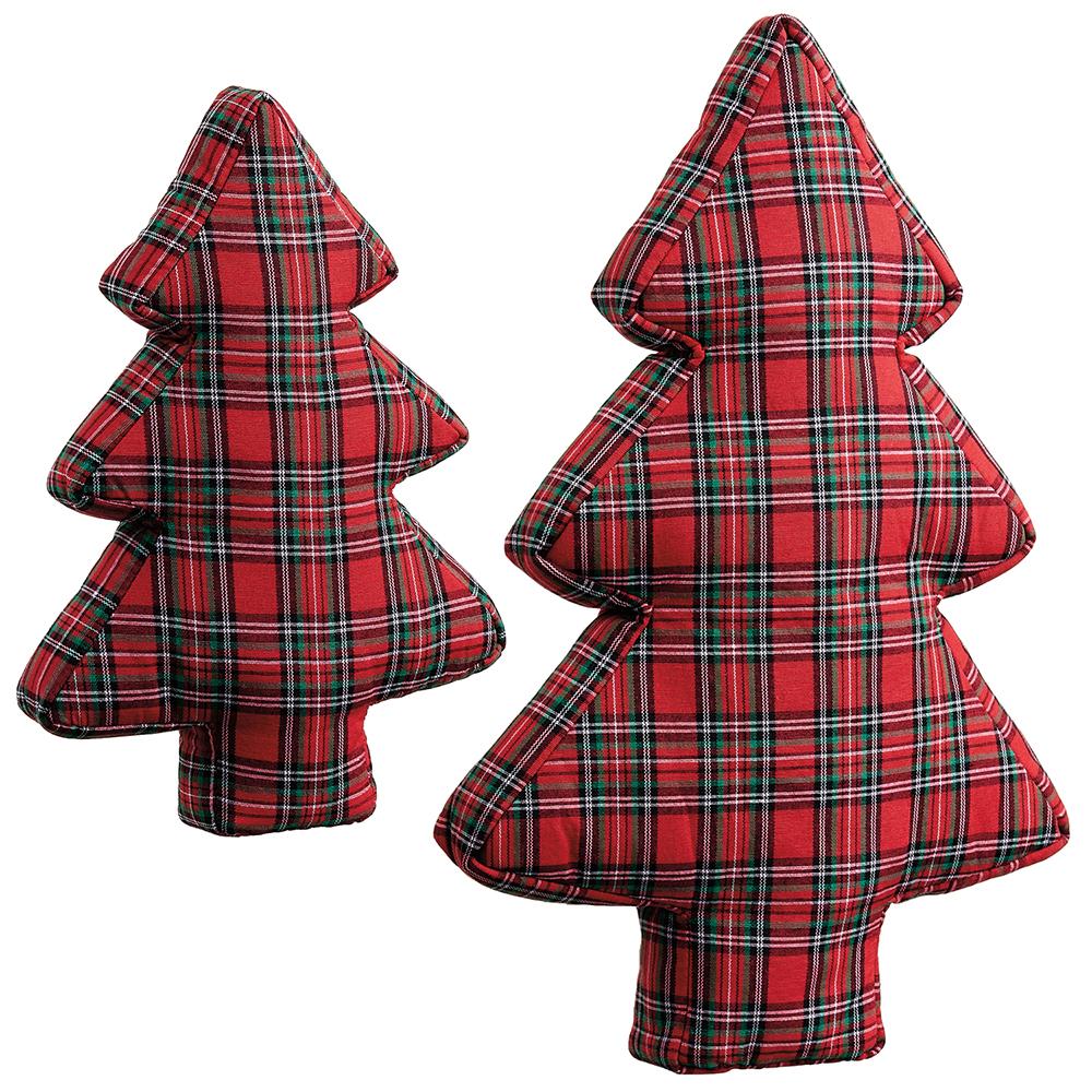 Two red and green plaid Christmas tree-shaped tabletop pillows in different sizes.