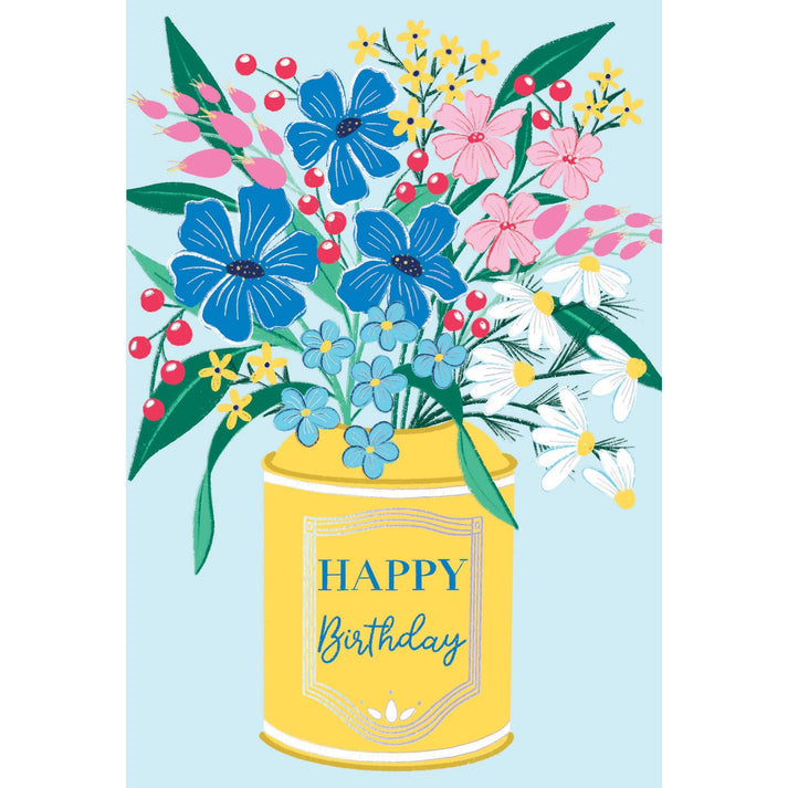 Birthday floral vase with glitter foil refinements featuring happy birthday outside text.