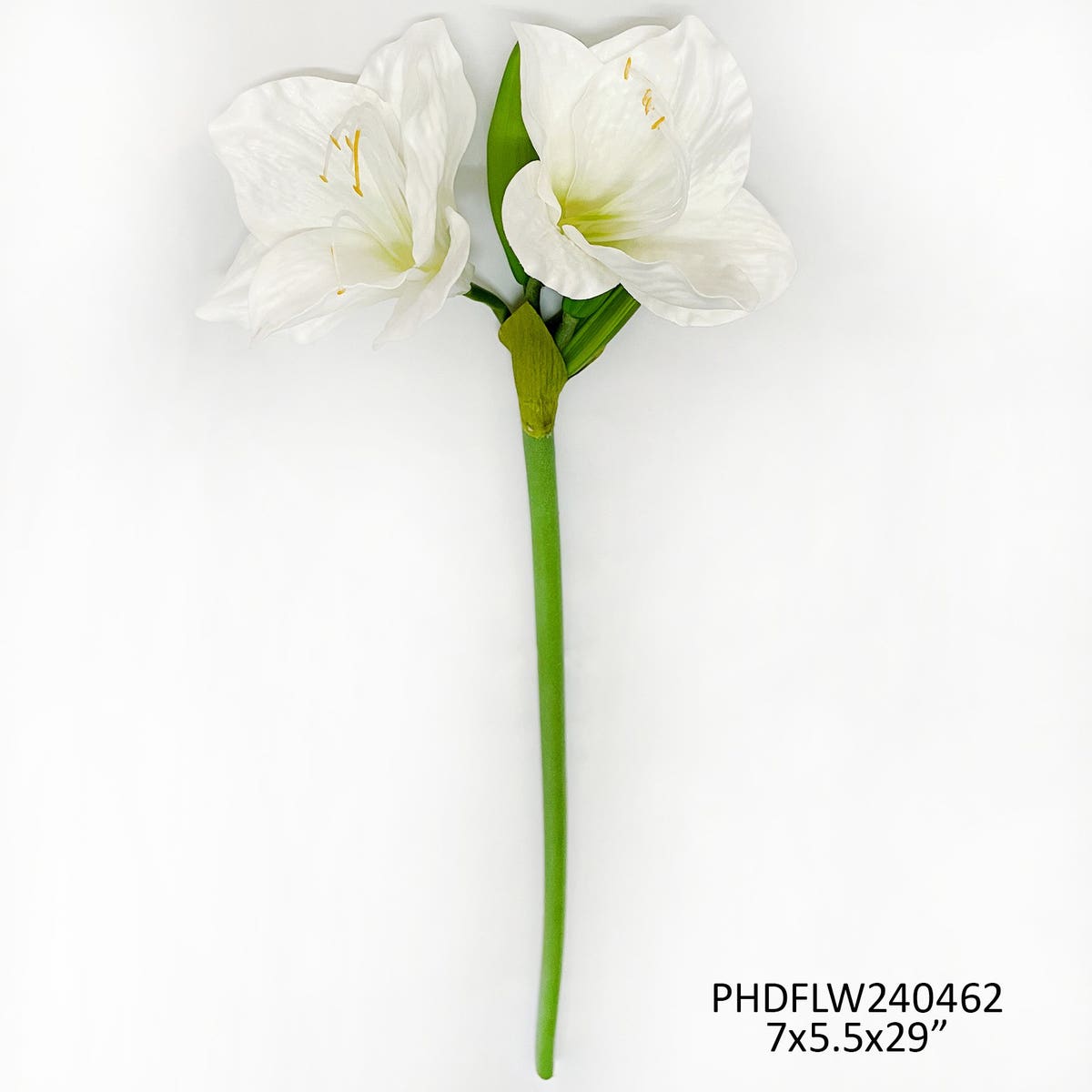 White Garden Amaryllis artificial flower stem with two blooms and green stem.