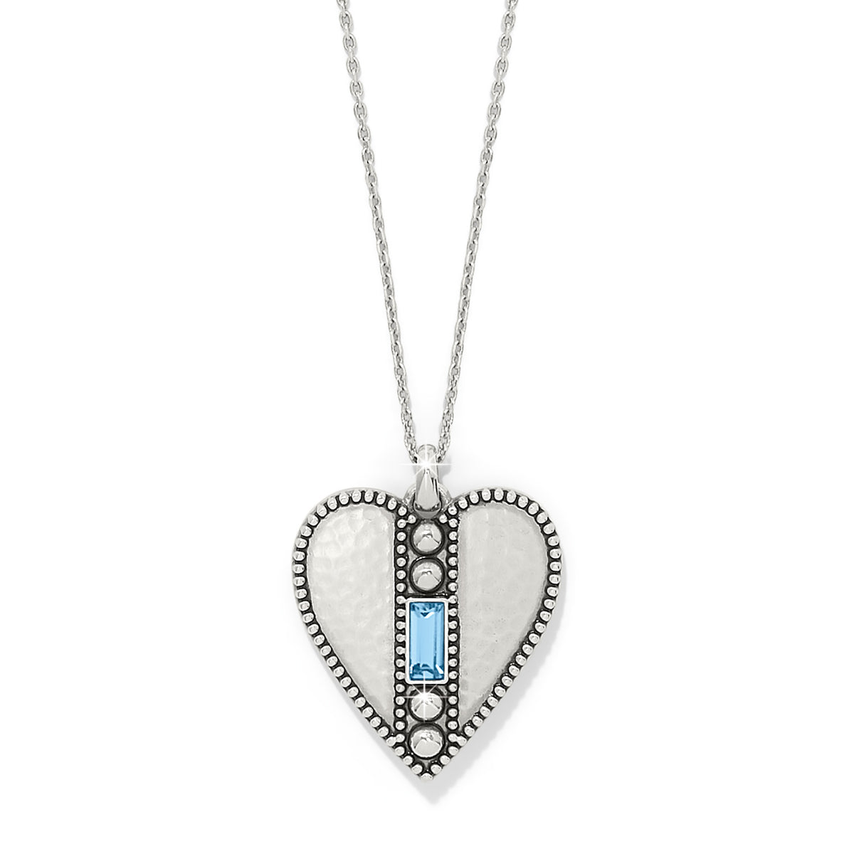 Pretty Tough Gem Heart Aqua Necklace with a silver-plated heart pendant and aquamarine crystal.