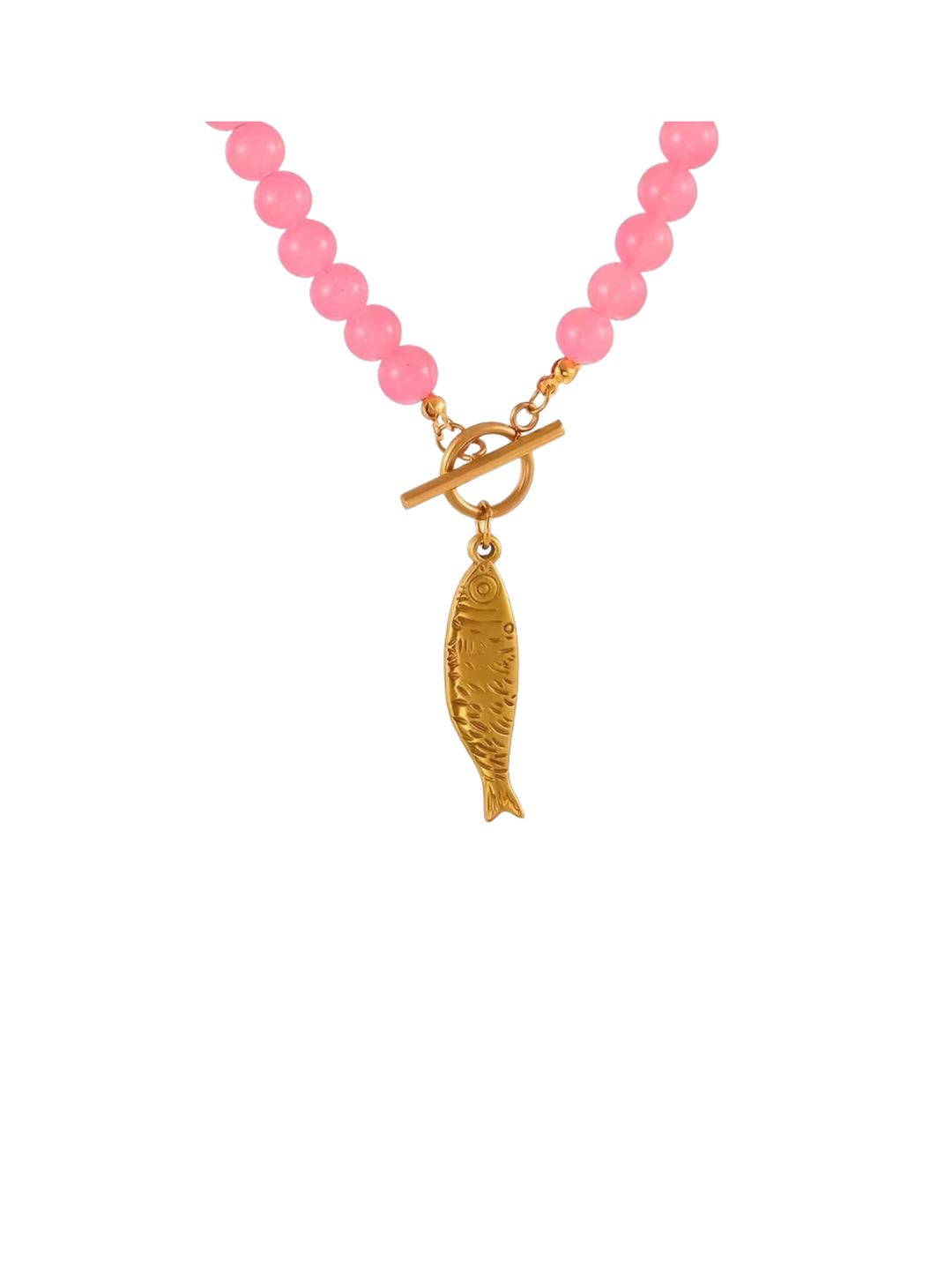 Pink beaded necklace with a gold-tone toggle clasp and a textured fish pendant.
