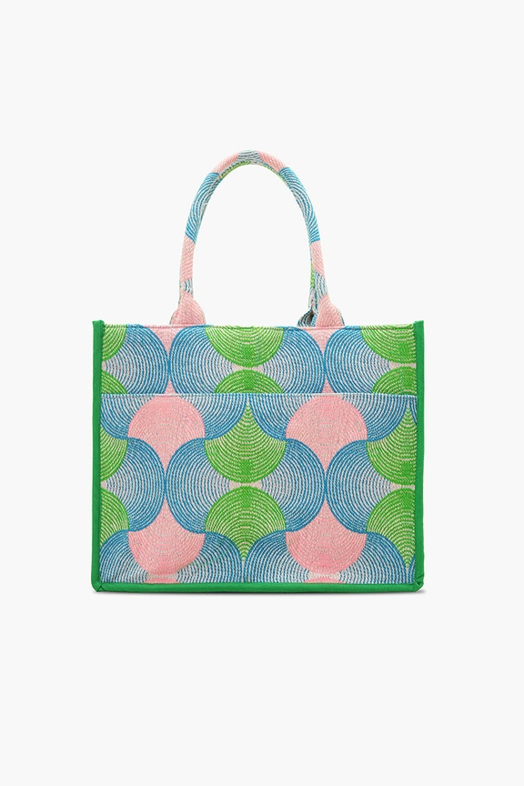 Large hand-beaded book tote with a colorful geometric fan pattern in blue, green, and pink.