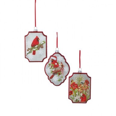 Three 5-inch glass frame ornaments featuring cardinals and floral designs with red hanging ribbons.
