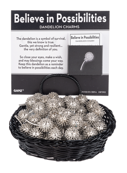 Silver dandelion charms in a black basket with a 'Believe in Possibilities' poem card.