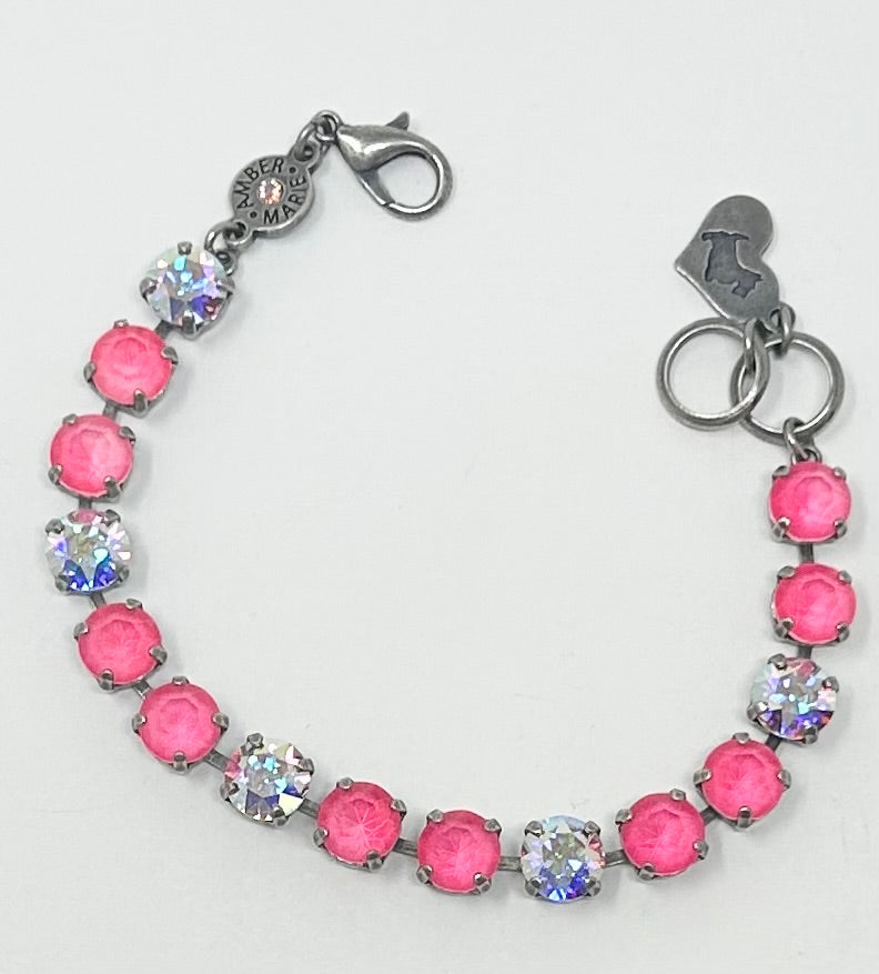 Classic Malibu bracelet featuring lavender, lilac, white, and light green stones with an amber tag and Scotty dog heart charm.