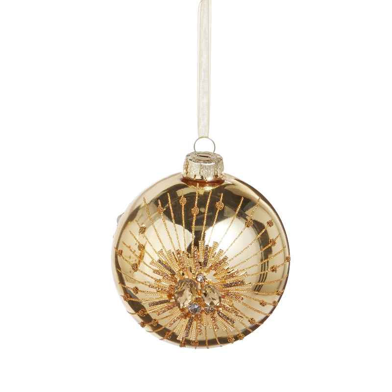 4.5-inch gold glass ball ornament with a sparkling jewel starburst design and hanging ribbon.