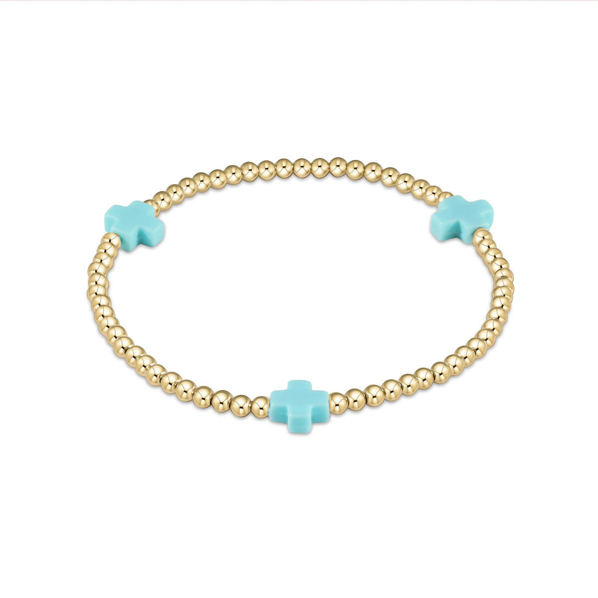 Turquoise beaded bracelet with gold cross patterns on elastic cord