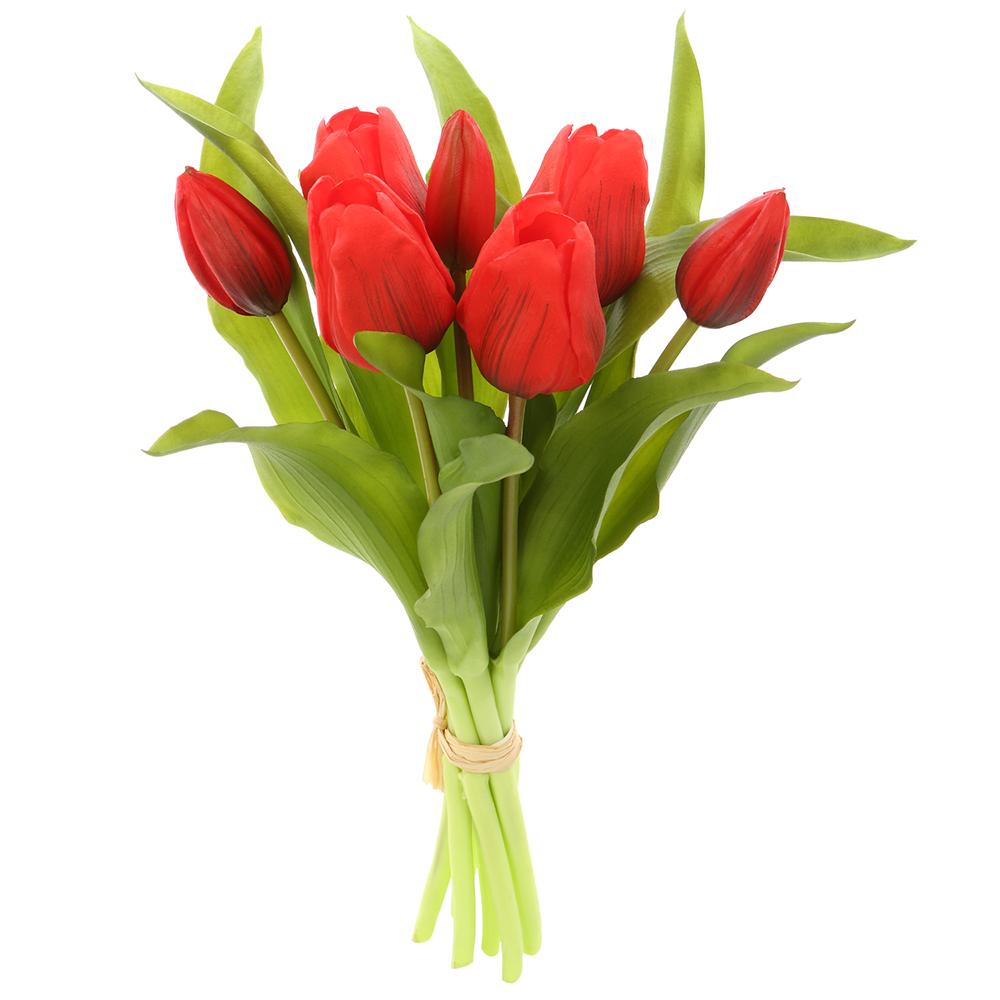 Artificial red tulip bouquet in a plastic vase with wire stems.