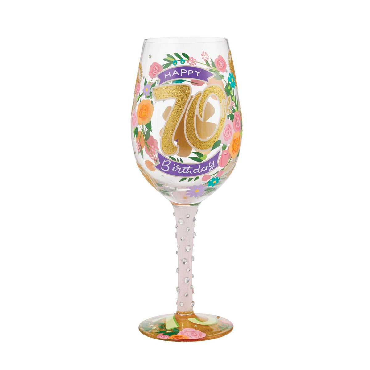Blown glass wine glass with hand-painted cocktail recipe base, glitter accents, and colorful festive design.
