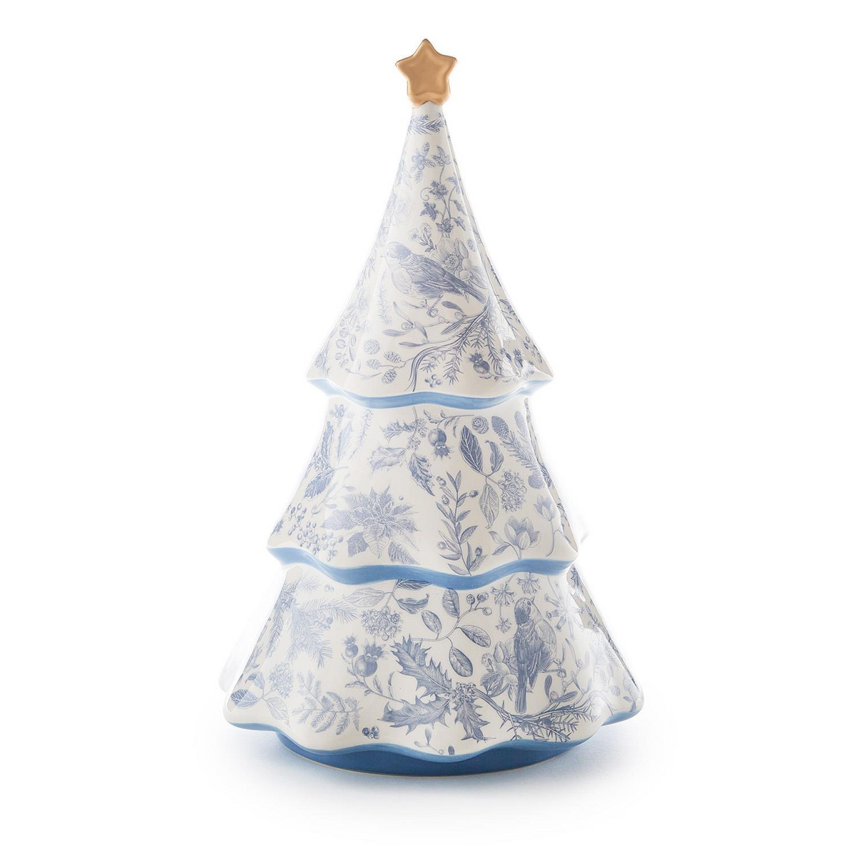 Tiered dolomite Christmas tree with a blue botanical pattern and a gold star topper.