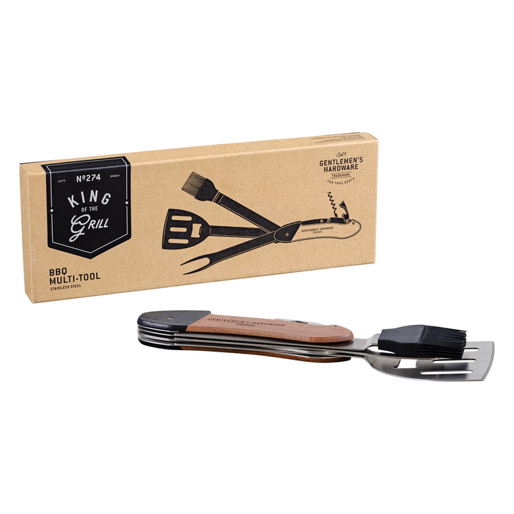 Wood-handled BBQ multi-tool with stainless steel spatula, fork, brush, bottle opener, and corkscrew.