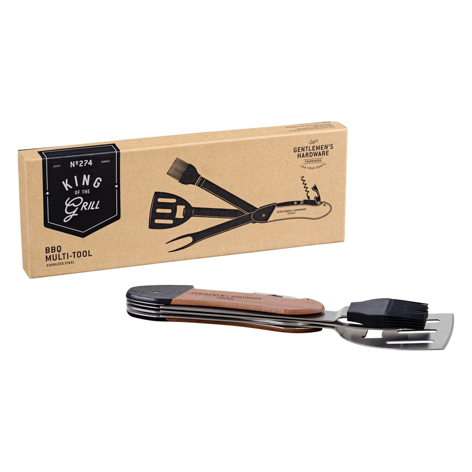 Wood-handled BBQ multi-tool with stainless steel spatula, fork, brush, bottle opener, and corkscrew.