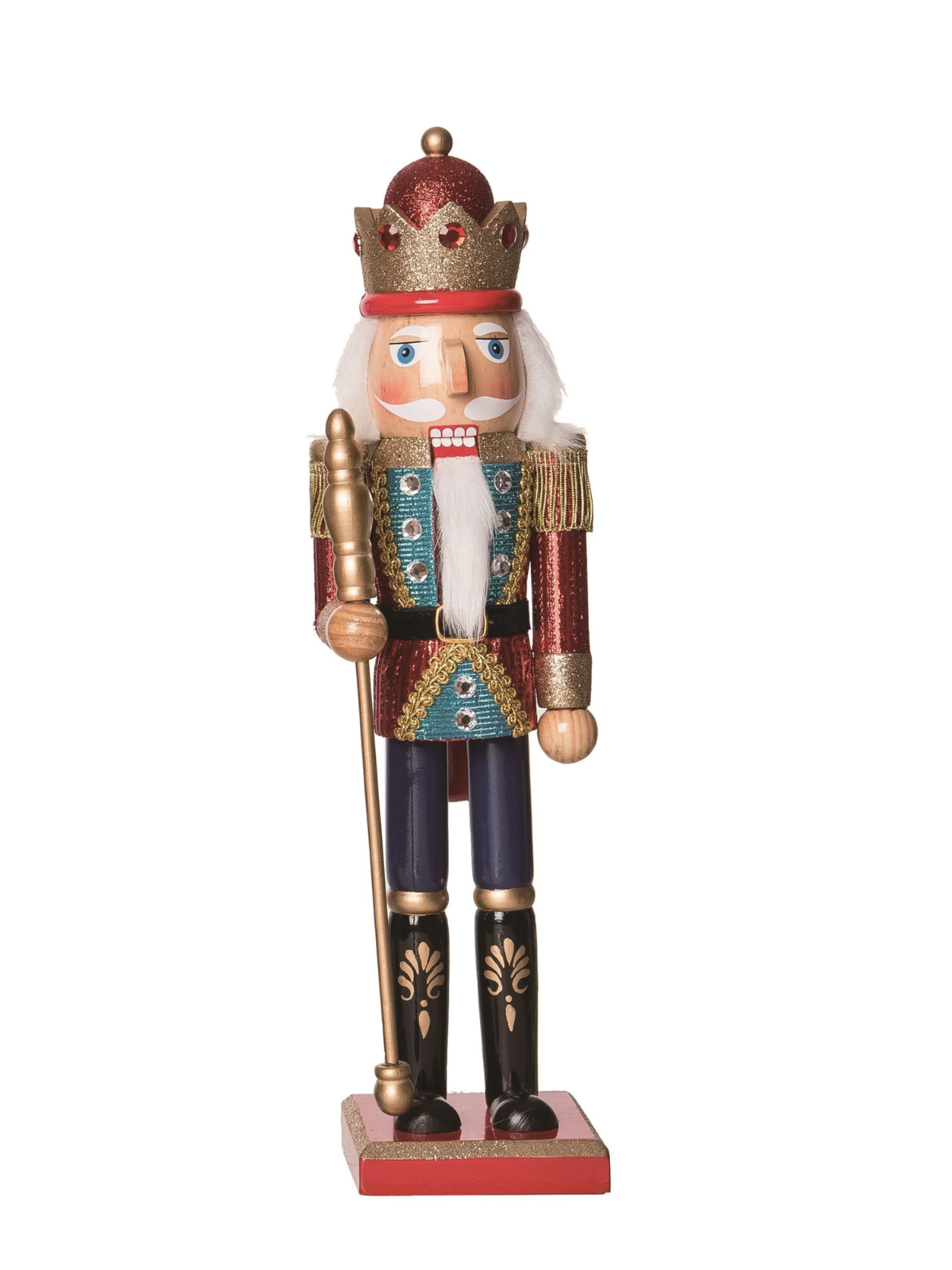 Wood Glitz & Glam Nutcracker king in red and gold glitter with a scepter and crown.