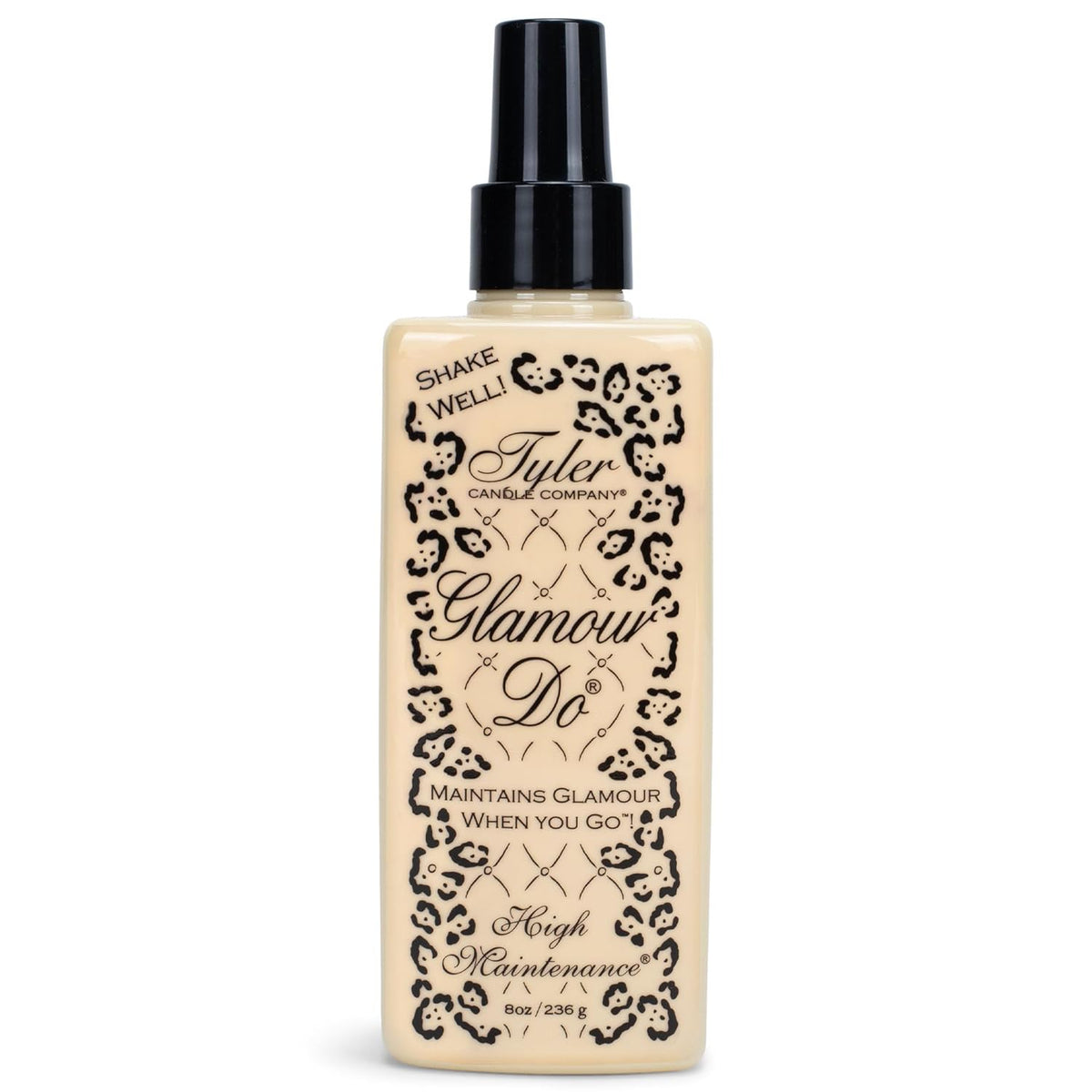 Tyler Candle Company Glamour Do High Maintenance toilet spray in an 8oz leopard print bottle.