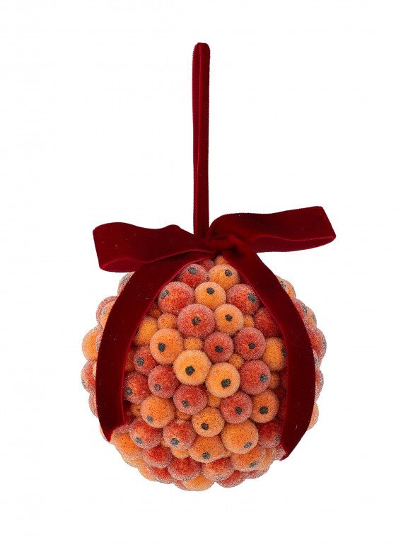 Beaded Berry Ball Ornament with orange and red berries and a dark red velvet bow.