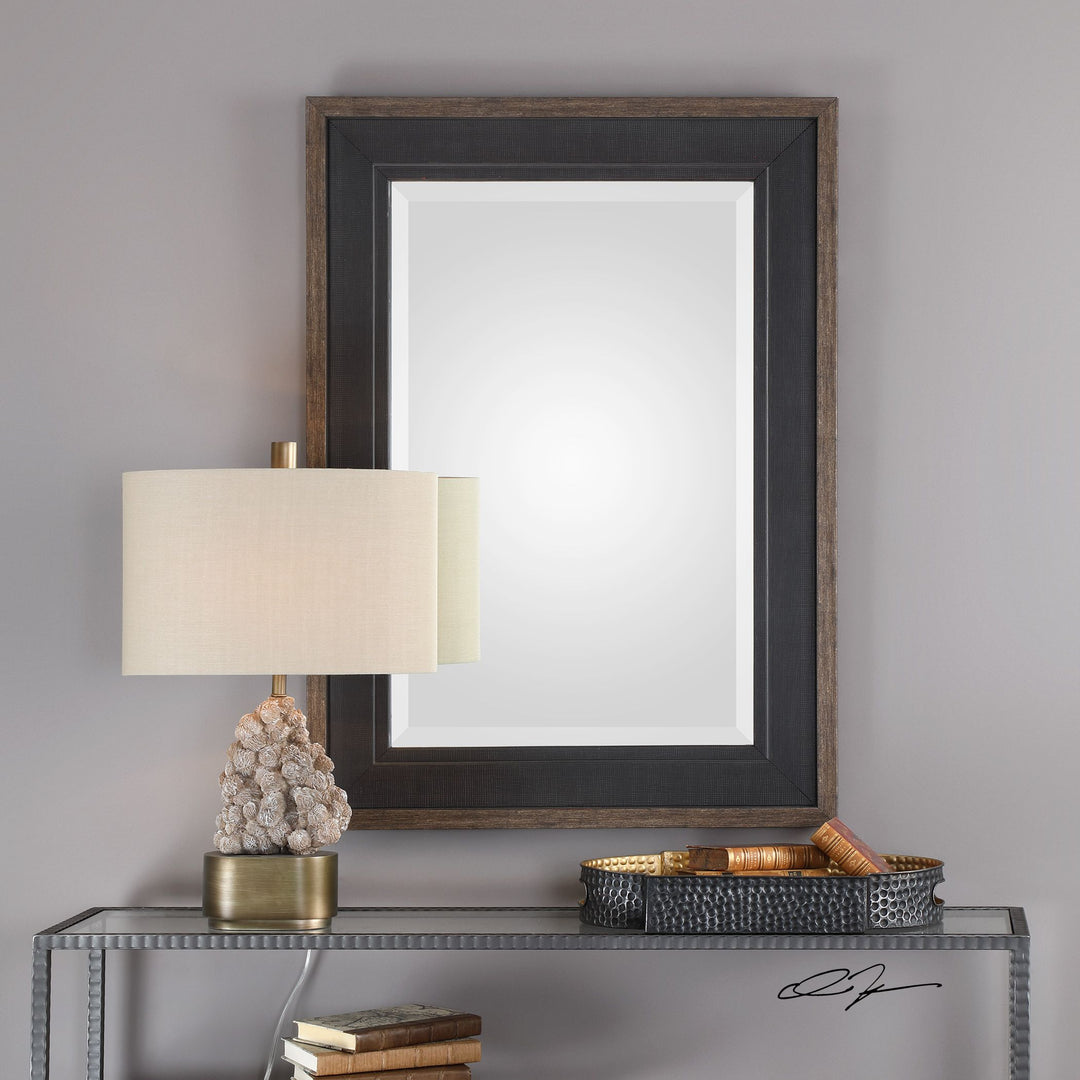 Rustic black staveley mirror with a dark wood frame