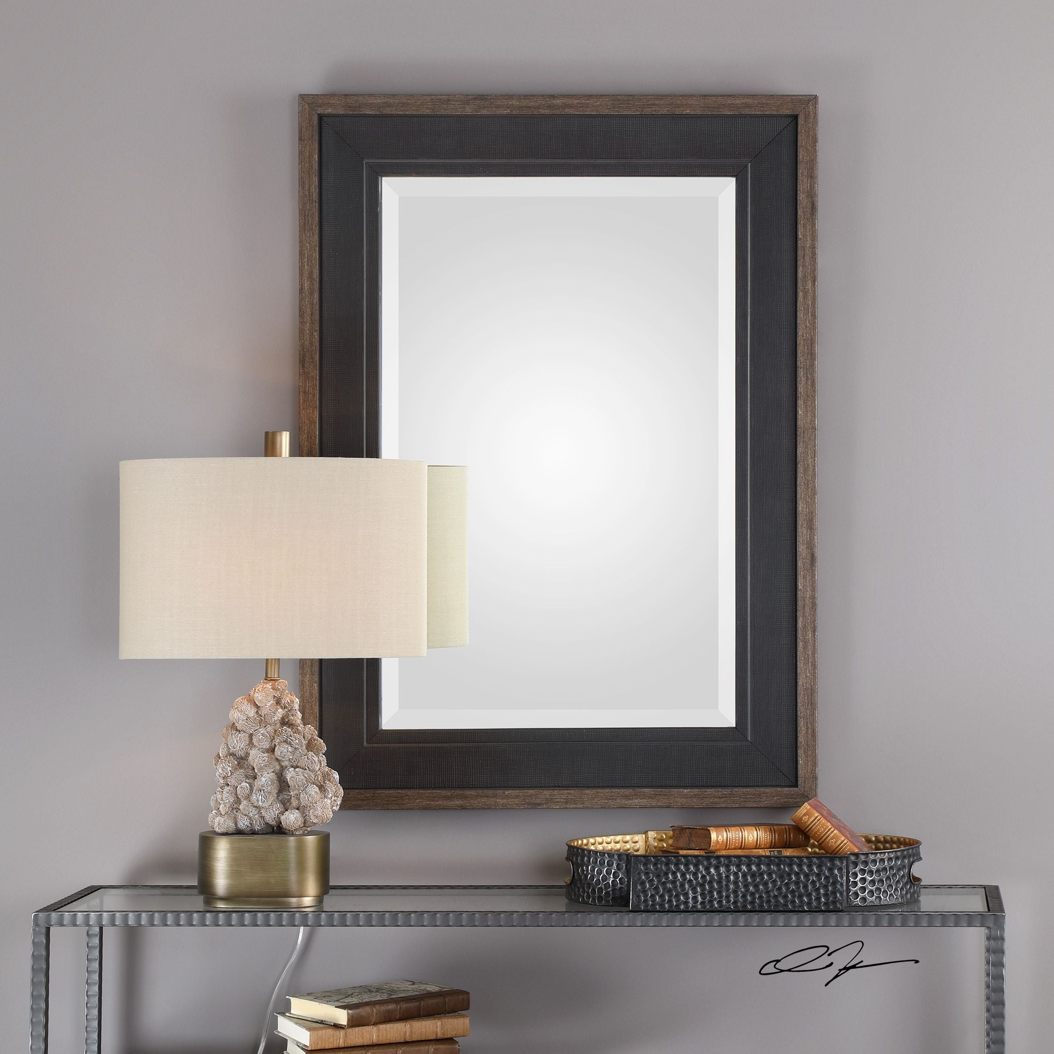 Rustic black staveley mirror with a dark wood frame