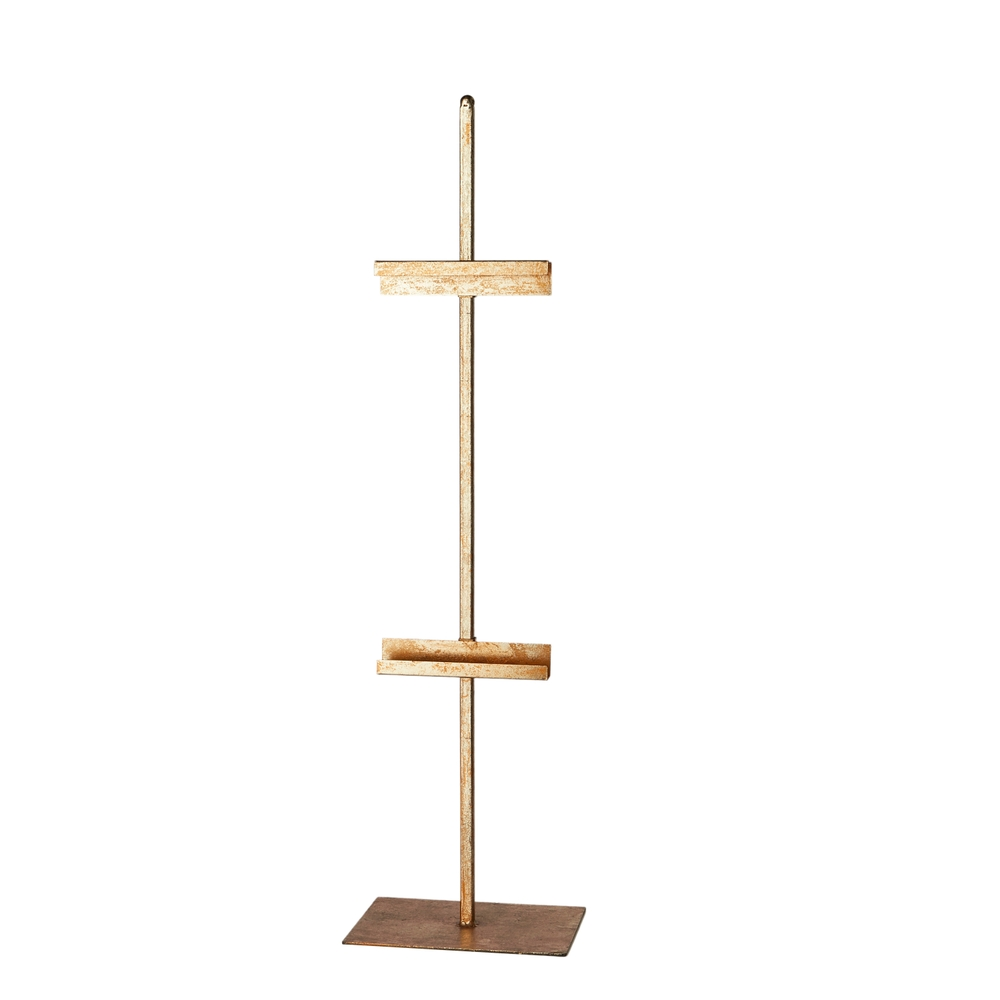 30.5-inch gold tabletop easel with a rectangular base and two adjustable horizontal supports.