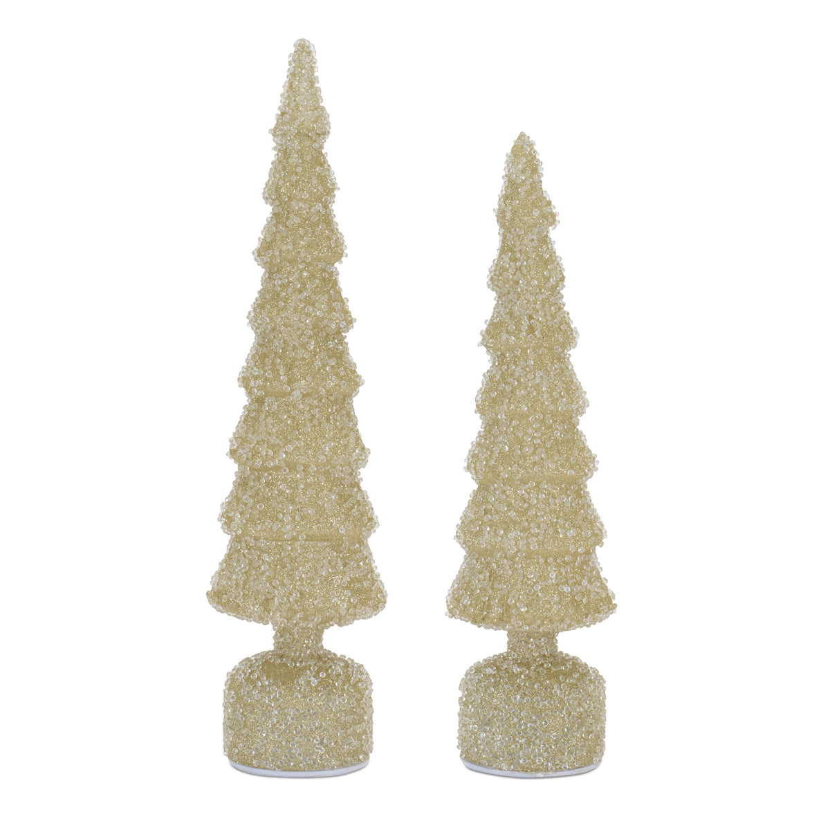 Two shimmering gold beaded rotating LED tabletop trees in different heights on a white background.