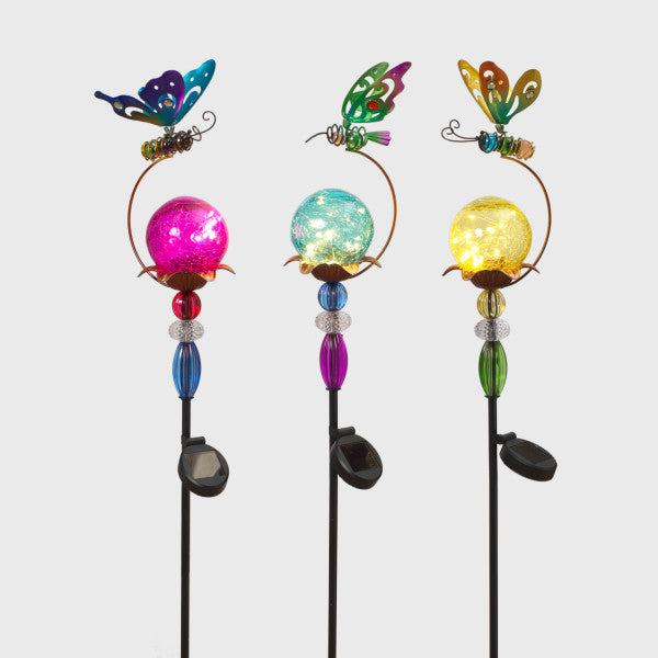 38.5-inch solar lighted metal garden stake with glass panel