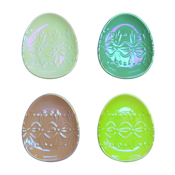 Ceramic Easter egg-shaped plate in iridescent finish with smooth rounded silhouette.
