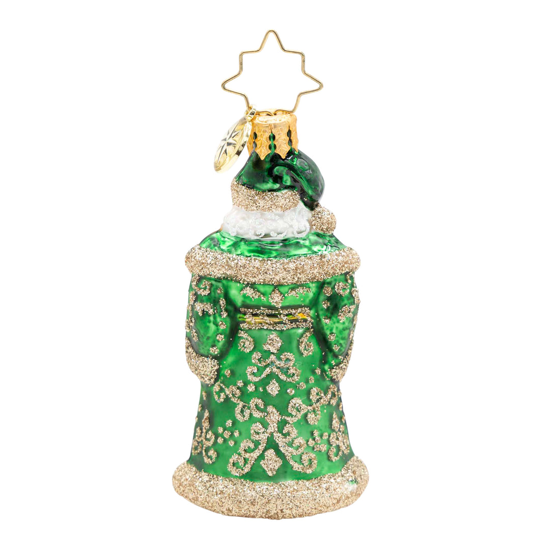 Emerald Elegance Gem Santa glass ornament with green coat and gold glitter scrollwork.