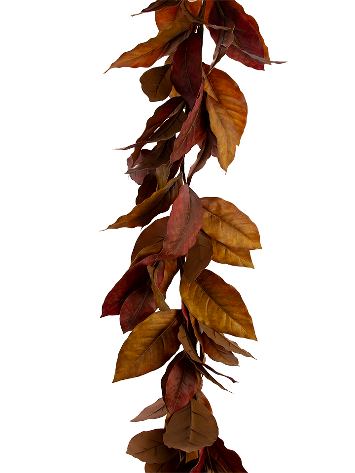 6-foot artificial magnolia leaf garland with realistic brown and copper-toned autumn leaves.